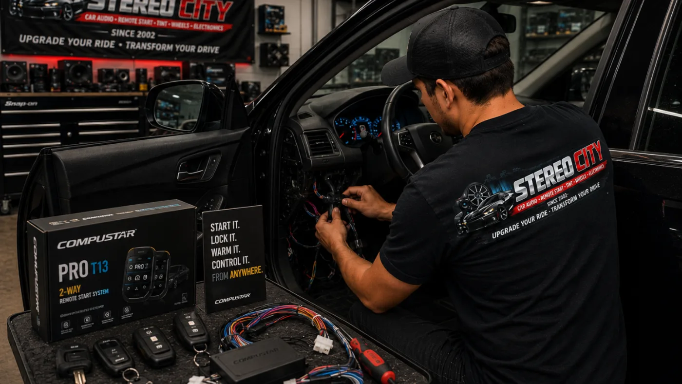 Technician setting up an amplifier at the Stereo City workbench