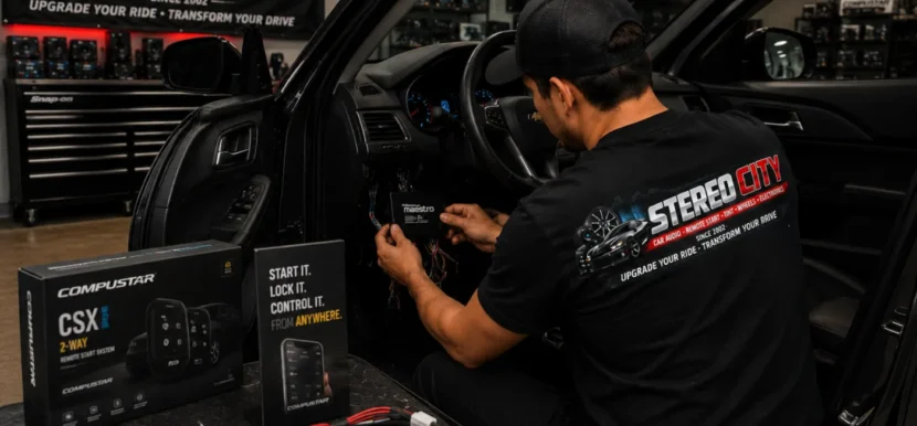 Technician testing a vehicle audio system with a handheld device