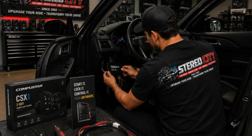 Technician testing a vehicle audio system with a handheld device