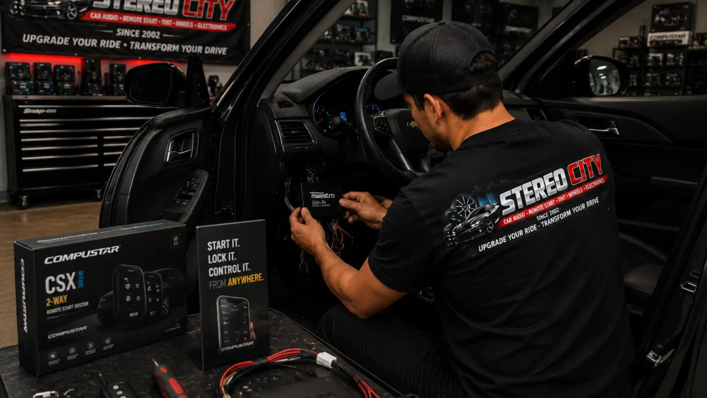 Technician testing a vehicle audio system with a handheld device