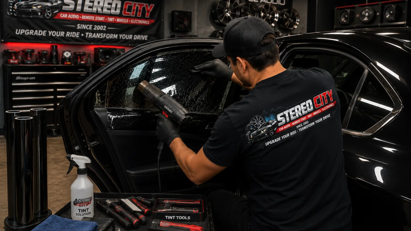 Technician working inside a car door during an audio installation