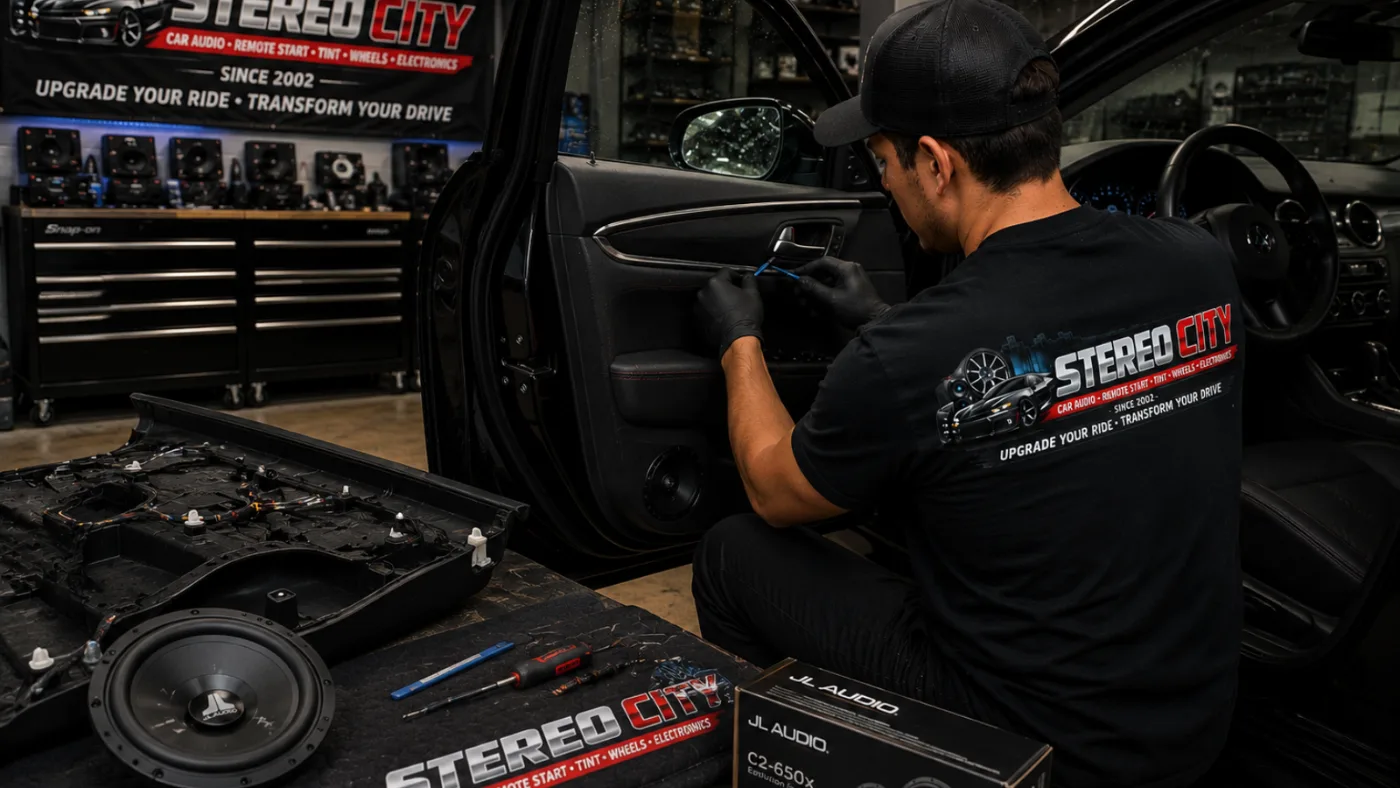 Technician installing a subwoofer inside a vehicle