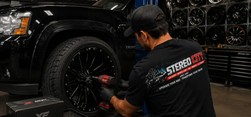 Technician fitting a custom wheel and tire