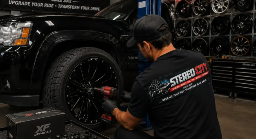 Technician fitting a custom wheel and tire