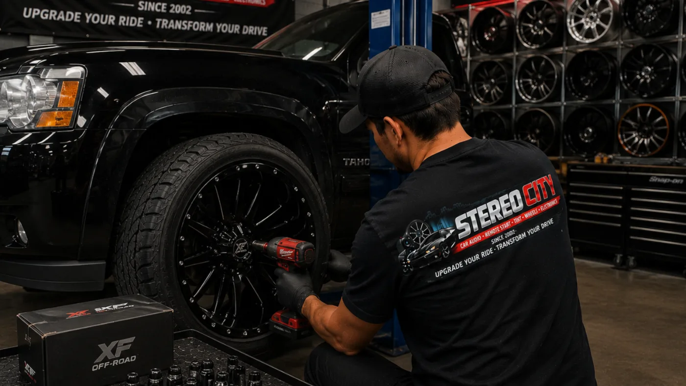 Technician fitting a custom wheel and tire