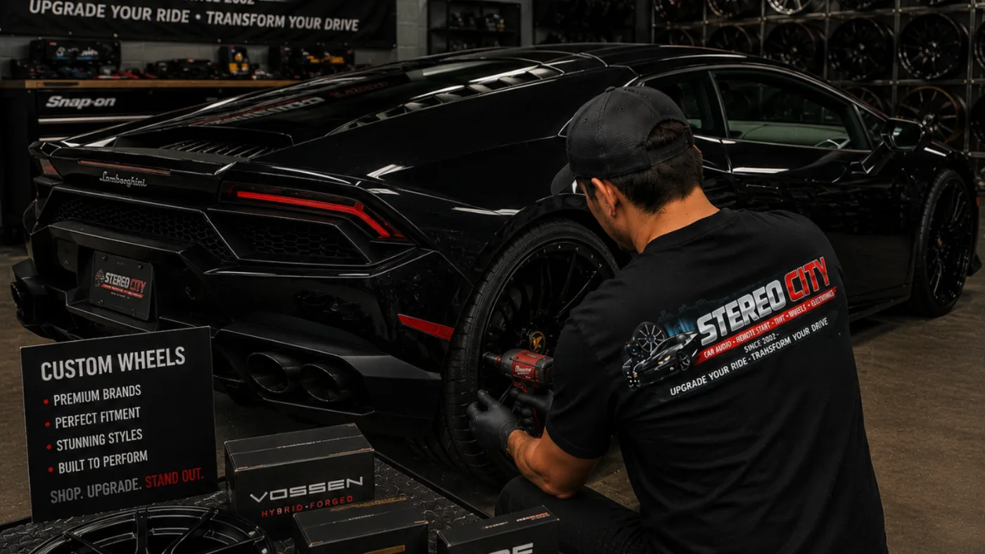 Technician working on a vehicle interior in the custom wheels bay
