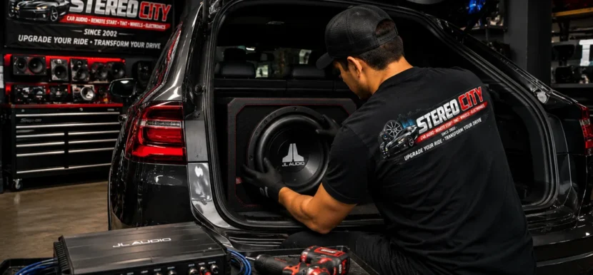 Technician installing a subwoofer and amplifier in the back of an SUV