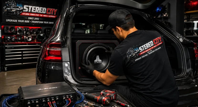 Technician installing a subwoofer and amplifier in the back of an SUV