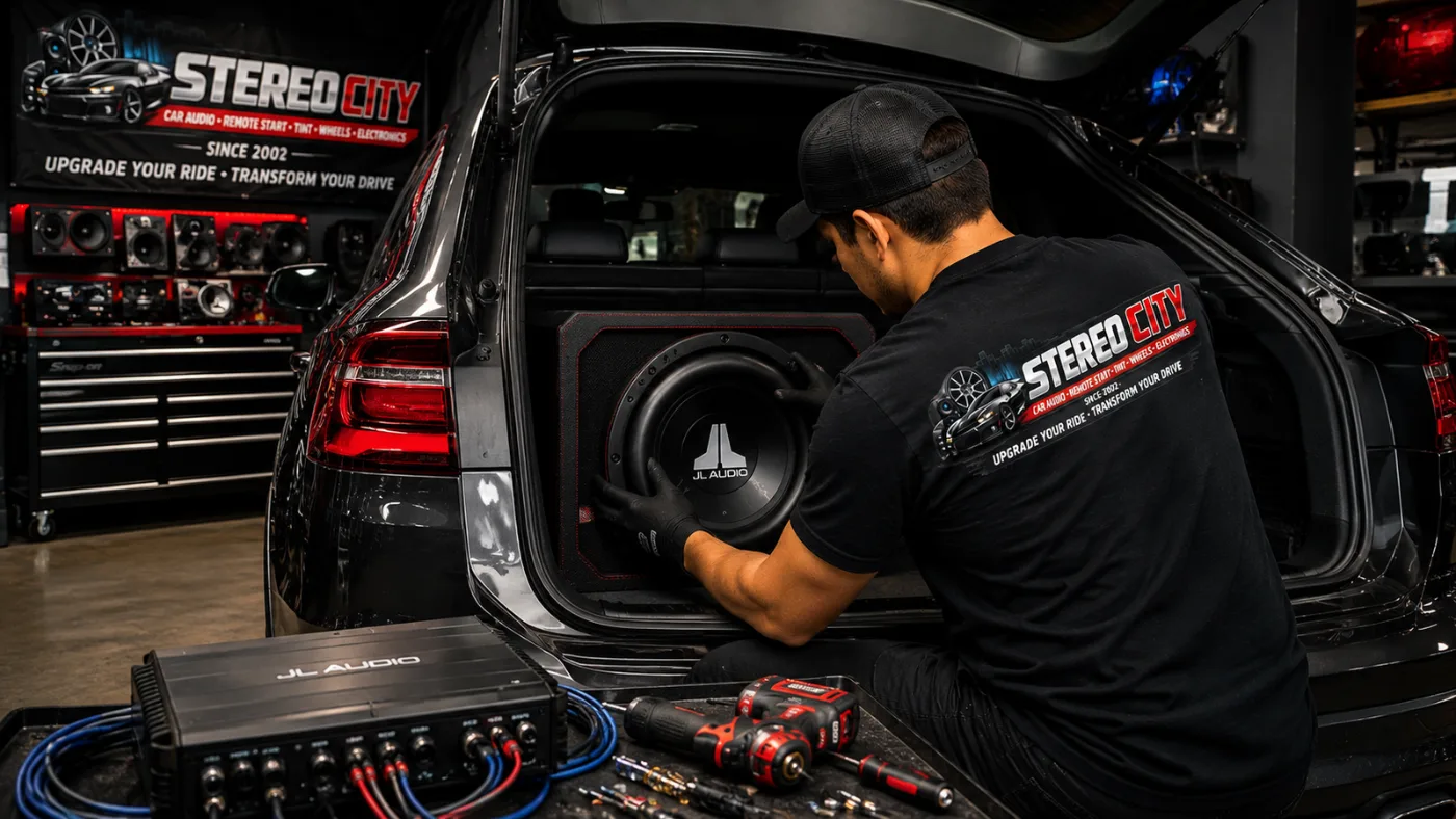 Technician installing a subwoofer and amplifier in the back of an SUV