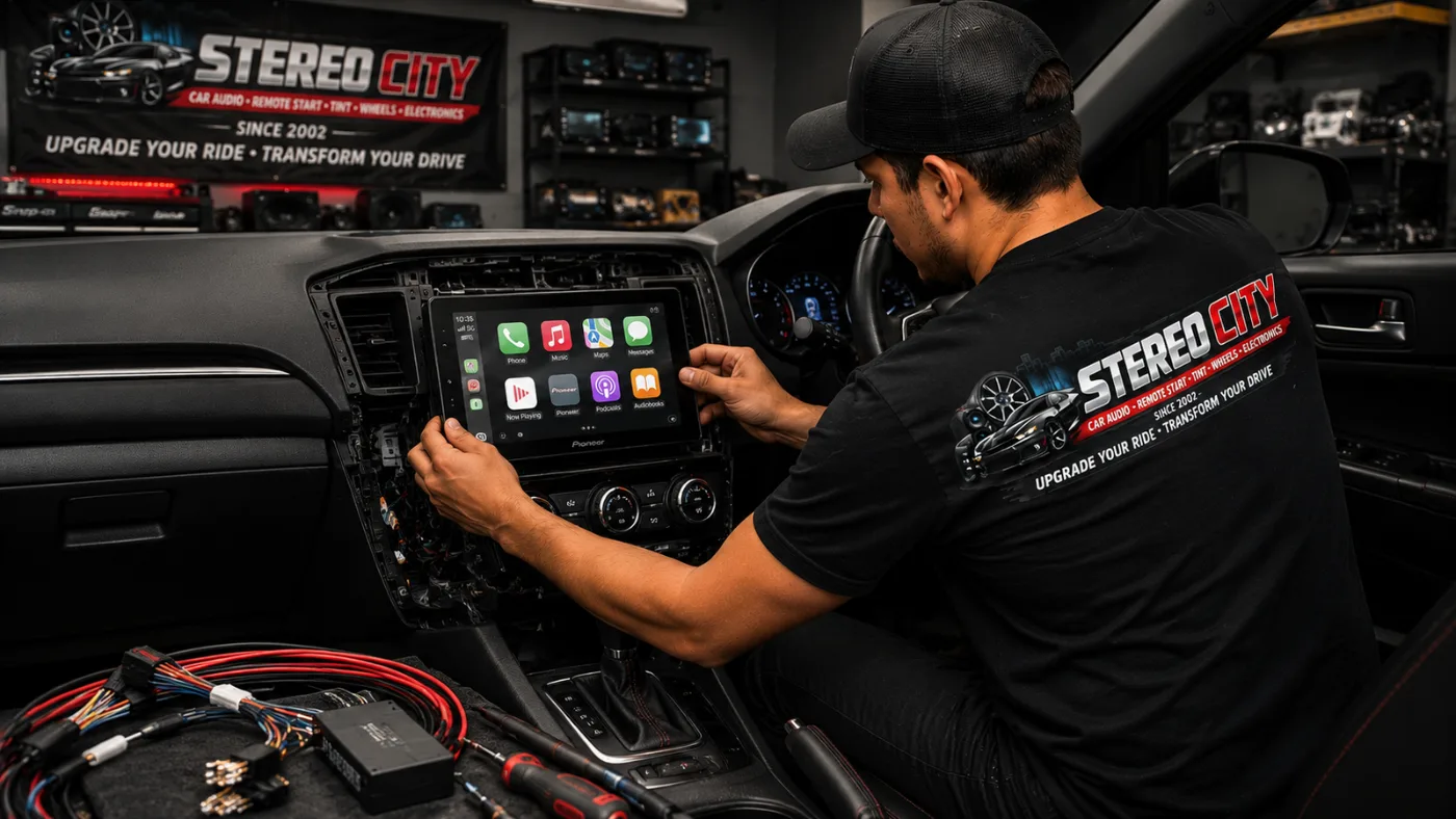 Technician fitting a touchscreen head unit in a vehicle dashboard
