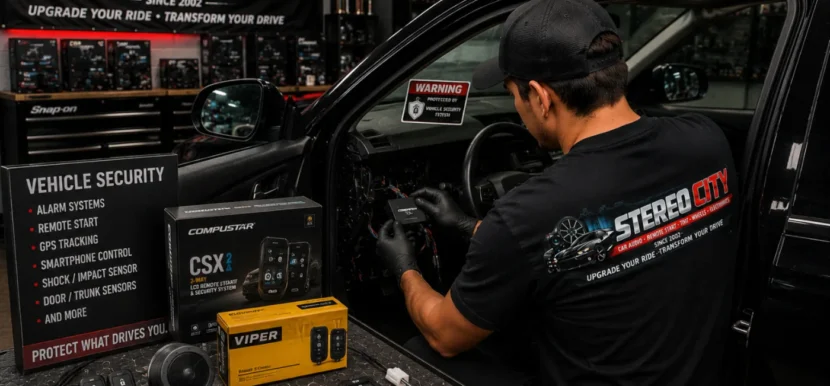 Technician installing a vehicle security system in a car