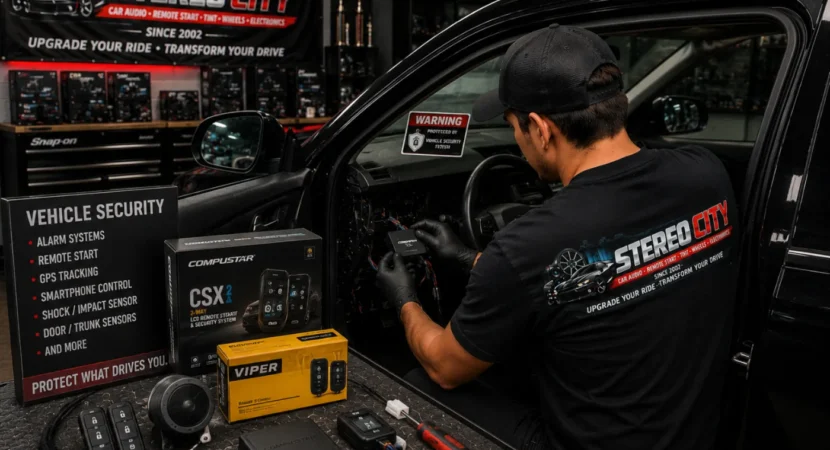 Technician installing a vehicle security system in a car