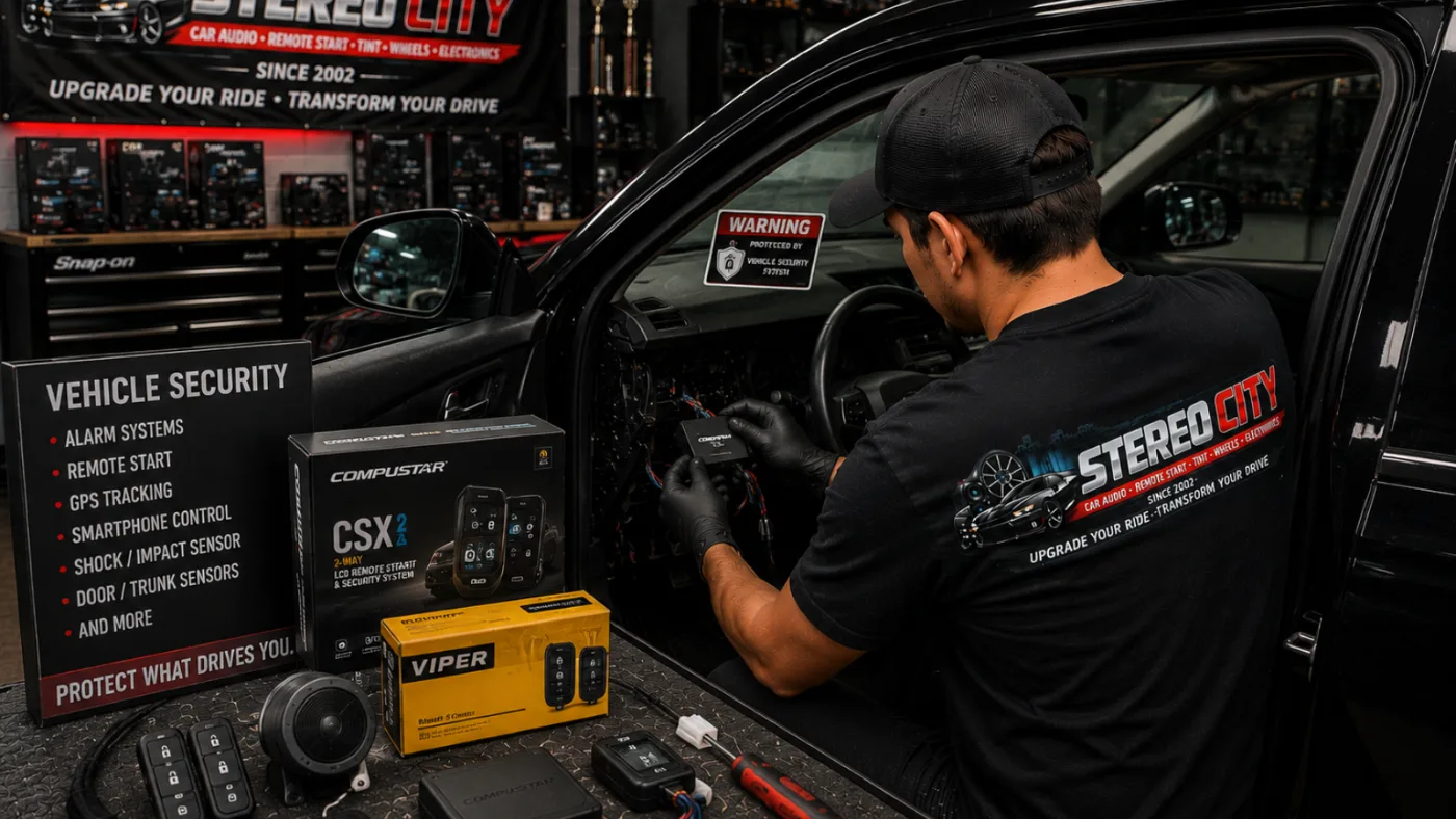 Technician installing a vehicle security system in a car