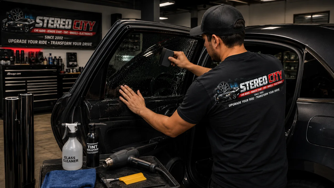 Technician applying window tint film to a car window